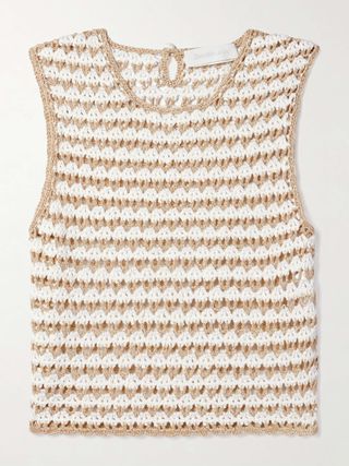 Tallow Cropped Striped Crocheted Cotton-Blend Tank