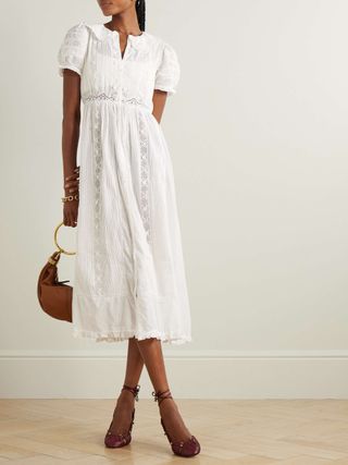 DÔEN Phoebe Lace-Trimmed Pintucked Organic Cotton-Voile Midi Shirt Dress