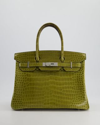 *hot & Rare* Hermès Birkin Retourne 30cm Bag in Vert Olive Shiny Porosus Crocodile Leather With Palladium Hardware