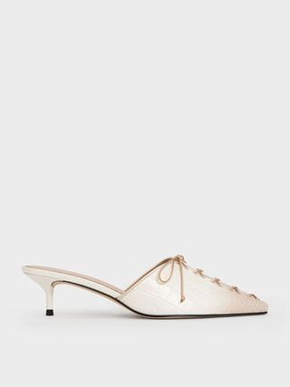 Croc-Effect Lace-Up Pointed-Toe Kitten-Heel Mules