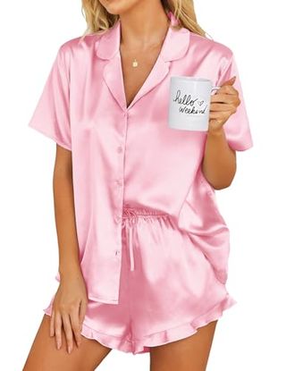 Ekouaer Satin Pajamas Set Button Down