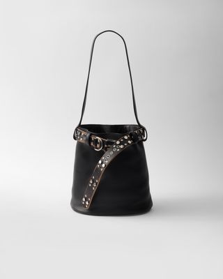 Prada Buckle Leather Bucket Bag With Studded Belt