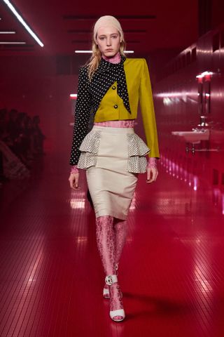 A model at the F/W 25 Valentino show during Paris Fashion Week.