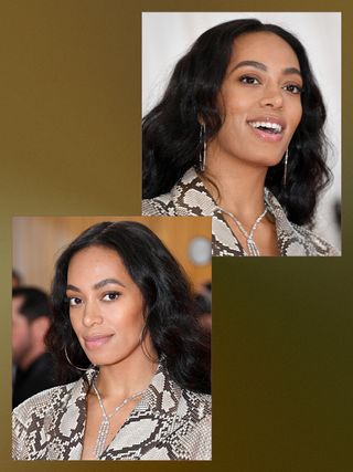 Solange Knowles attends the 2019 Met Gala with a dewy, sun-kissed complexion and loose, wavy hair