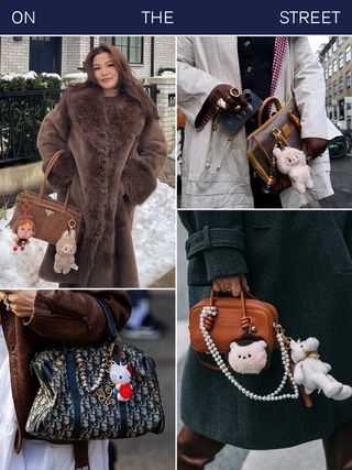 Collage of women wearing designer bags with necklaces, Hello Kitty plushie charms, and Labubu plush charms.