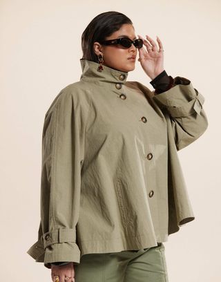 Asos Design Curve Funnel Neck Cape Back Trench Coat in Olive