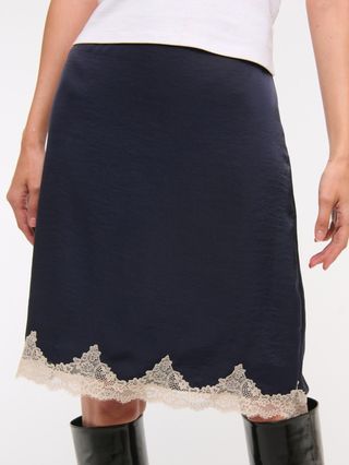 High Rise Satin Lace-Hem Midi Skirt