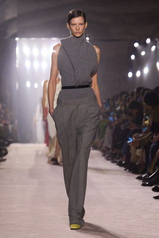 Model walking Victoria Beckham runway during Paris Fashion Week.