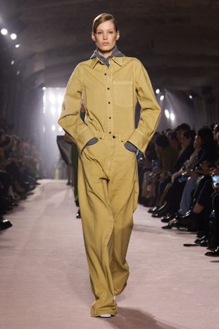 Model walking Victoria Beckham runway during Paris Fashion Week.