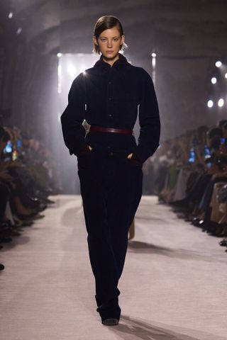 Model walking Victoria Beckham runway during Paris Fashion Week.