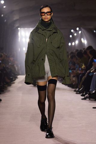 Model walking Victoria Beckham runway during Paris Fashion Week.