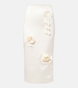 Floral-Appliqué Satin Midi Skirt