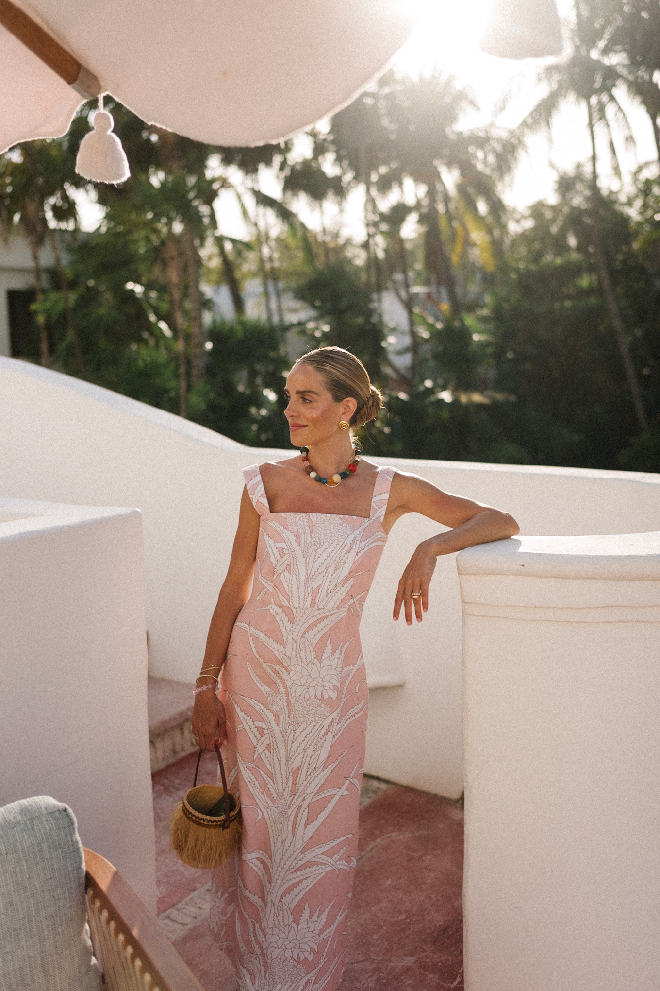 pastel pink cotton midi dress stone necklace pink raffia mary janes