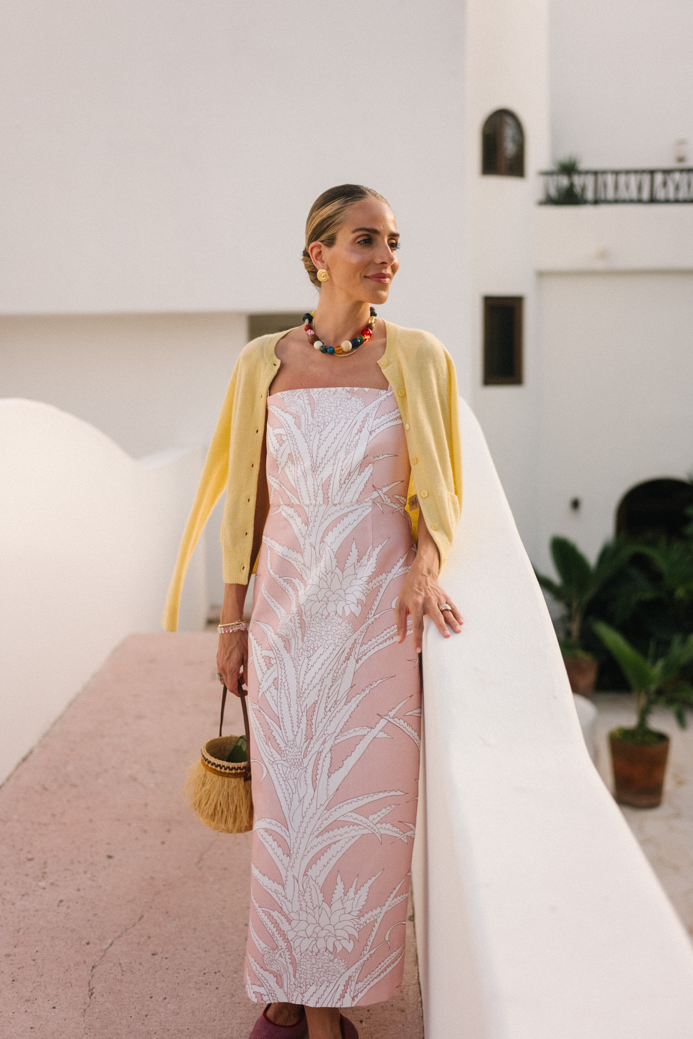 pastel pink cotton midi dress stone necklace pink raffia mary janes