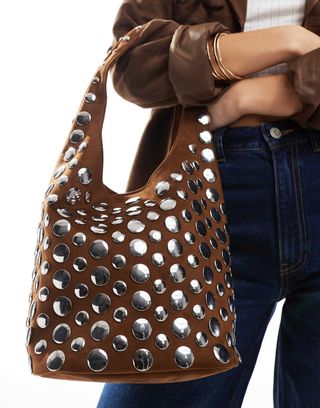 Stradivarius Studded Shoulder Bag in Brown