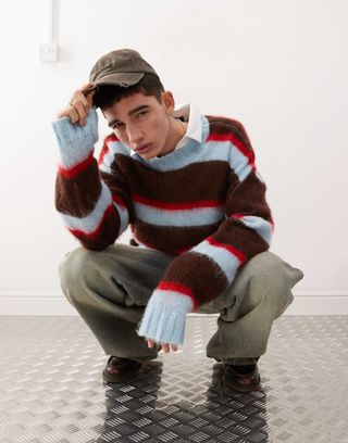 Collusion Brushed Oversized Crew Neck Jumper in Blue Stripe