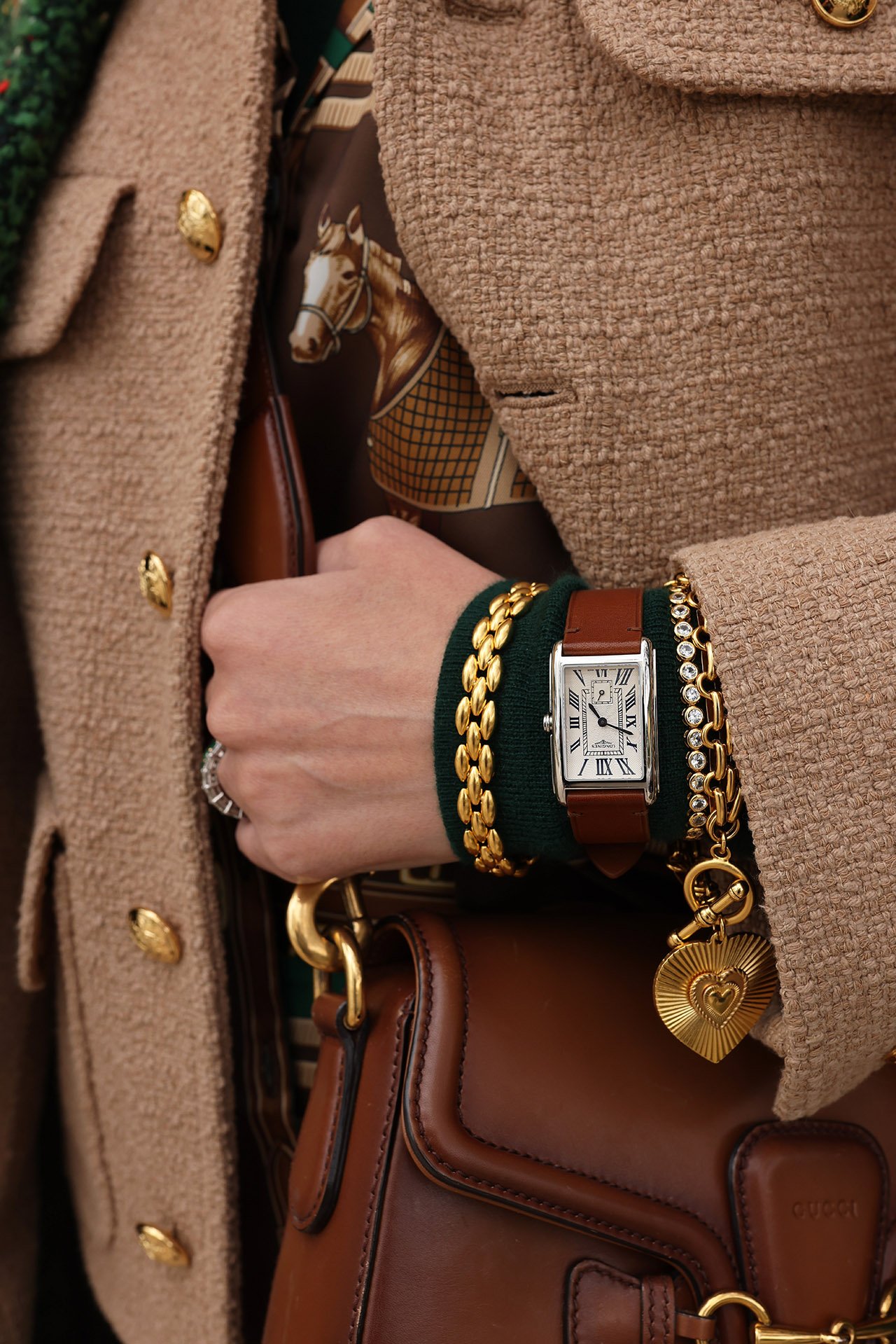 dorsey bracelet, longines watch, jewelry stacking, gold and diamond bracelet