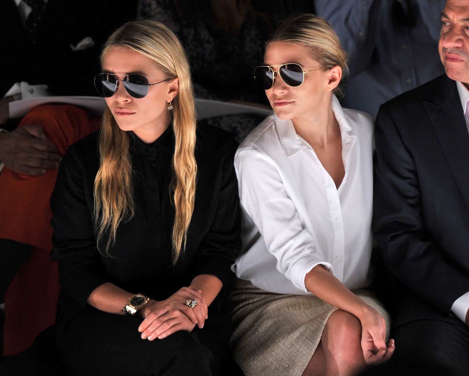 Image may contain MaryKate Olsen Ashley Olsen Accessories Sunglasses Jewelry Ring Wristwatch Adult and Person