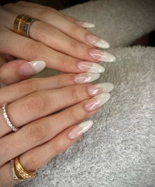 Foggy french manicure on Madison Beer by celebrity makeup artist Sreynin Peng