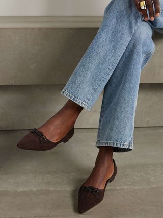 Leather-Trimmed Suede Point-Toe Flats