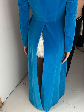 A blue velvet coat dress from the F/W 25 Colleen Allen collection.