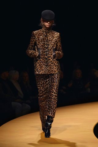 A leopard print jacket and skirt from the F/W 25 Khaite runway collection.