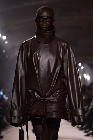 A leather long-line coat from the F/W 25 Victoria Beckham runway collection.