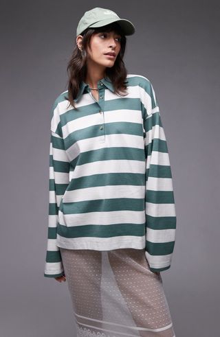 Stripe Oversize Long Sleeve Cotton Polo