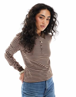 Monki Long Sleeved Pique Polo in Pink and Chocolate Brown Stripe