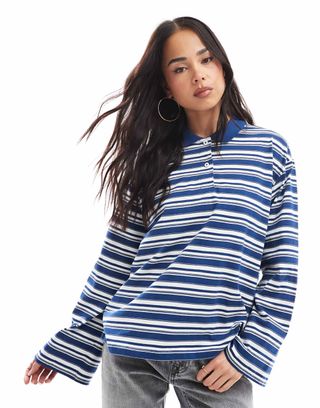 Aware Long Sleeve Polo Top in Navy and White Stripe