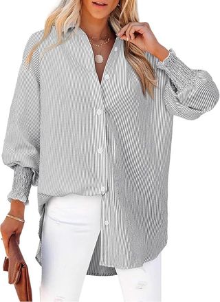 Gleeivy, Black White Striped Shirt Women Smocked Cuffed Oversized Boyfriend Blouse Loose Fit Tunic Dressy Casual Collared Shirt Button Up High Low Hem Tops Puff Long Sleeve Y2k Business Casual Fall Clothes