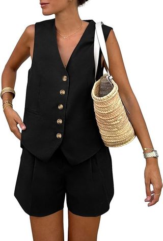 PRETTYGARDEN, Prettygarden Women's 2 Piece Summer Matching Sets Button Front V Neck Vest Waistcoat Sleeveless Tops and Shorts With Pockets (black,medium)