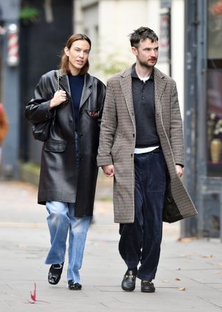 Alexa Chung wearing patent-leather ballet flats in London.