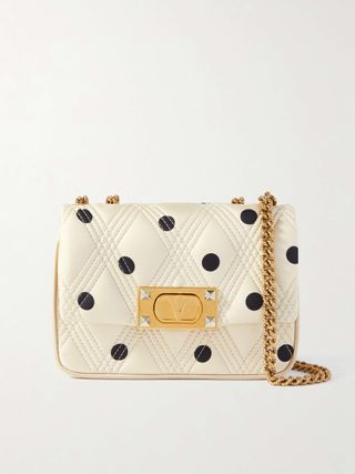 Embellished Polka-Dot Quilted Satin-Twill Shoulder Bag