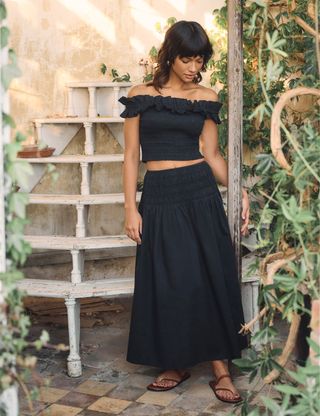 Black Drop Waist Shirred Midi Skirt