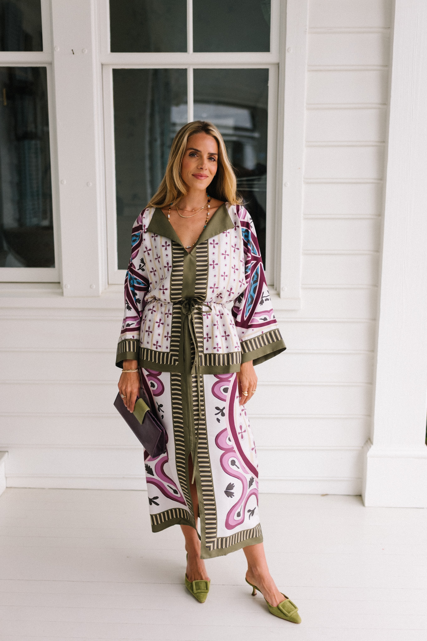 purple green silk twill midi dress